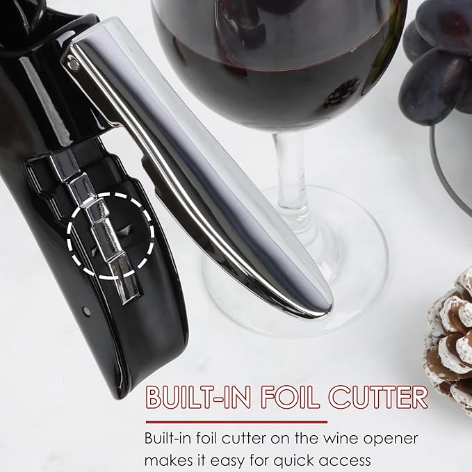 KAYCROWN Stainless Steel Wine Bottle Opener, Compact Vertical Lever Corkscrew with Foil Cutter and Extra Spiral, Manual Handheld Corkscrew with Ergonomic Lever Pump (Black)