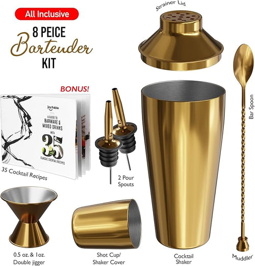 Bar Set Cocktail Shaker Set Bartender Kit, 8 Piece Gold Cocktail Set, Mixology Bartender Kit, Steel Drink Shakers Cocktail Kit, Bar Accessories: 24oz Martini Shaker, Muddler, Cocktail Book and More