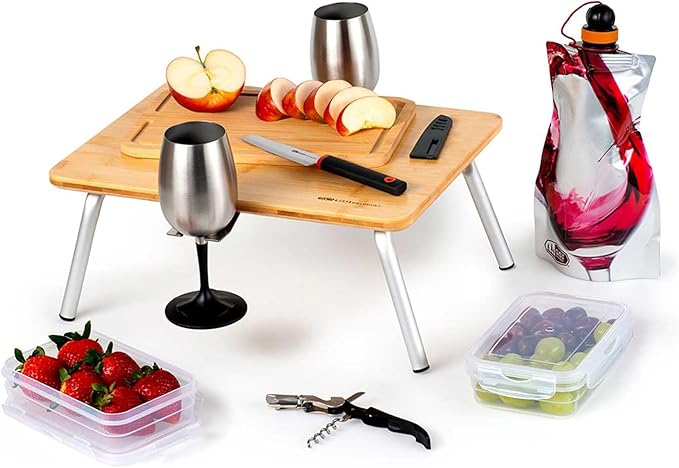GSI Outdoors Gourmet Picnic Set, 2 Person Portable Camping & Wine Dining Travel Kit with Table, Glasses, Food Containers & Case