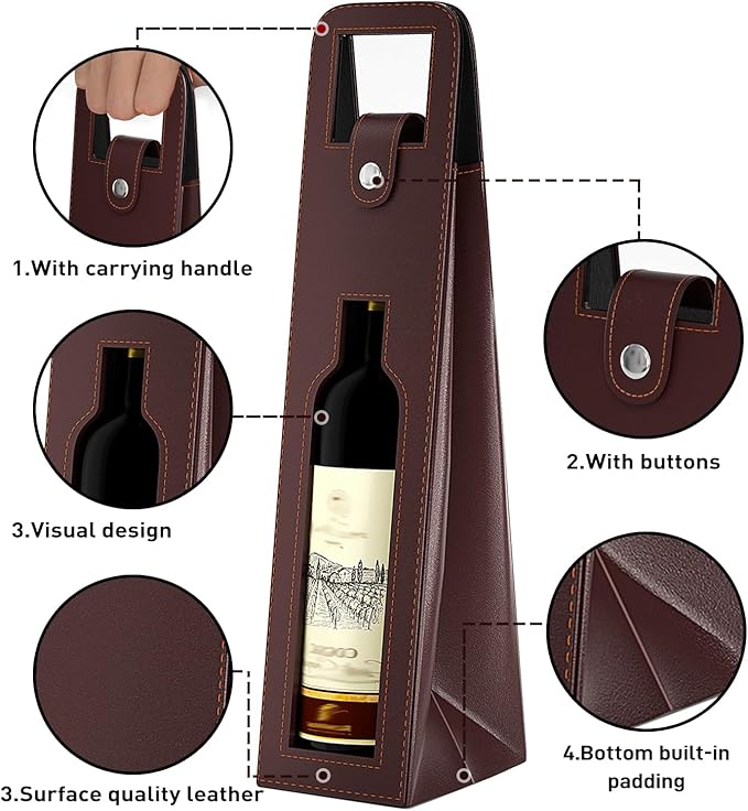 RYDDOY Wine Gift Bag, Reusable Leather Wine Tote Carrier, Single Bottle Champagne Beer Gift Bags Carrier for Birthday, Wedding, Picnic Party, Christmas festival Gifts (Brown)