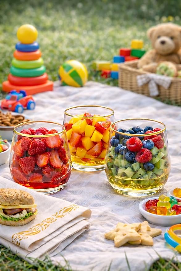 Plastic Wine Glasses Stemless Disposable 12 oz with Gold Rim - 30 Guests Party Drinkware Set, 30 Plastic Cups, 30 Napkins & 50 Cocktail Picks - BPA-Free, Shatterproof, Reusable, Recyclable