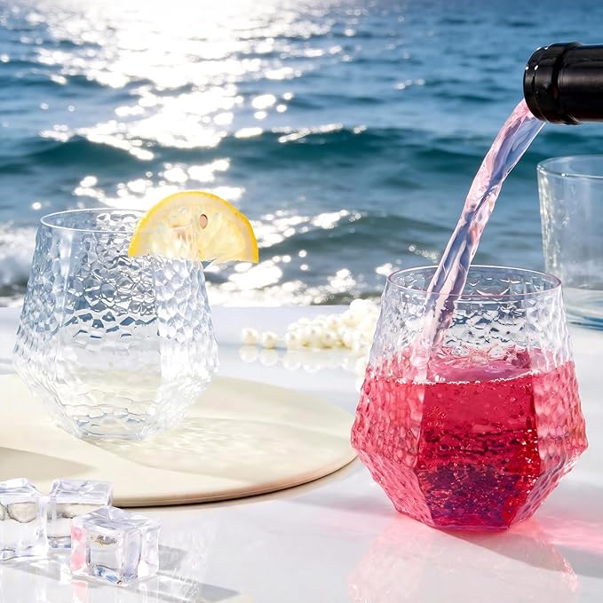 Goodluck 40 PCS Diamond Stemless Plastic Wine Glasses, 12 Oz Disposable Fancy Plastic Cups, Suitable for Weddings, Birthday Parties, Family Gatherings, Bars, etc （Hammered Clear cups）
