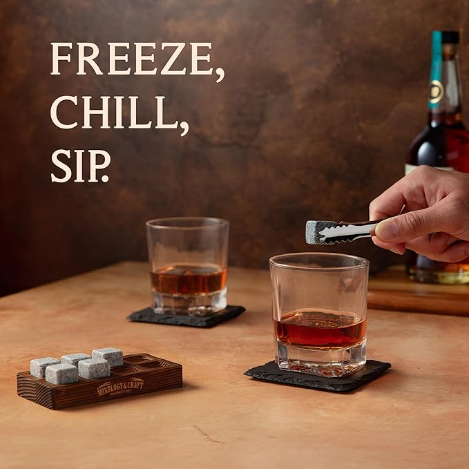Mixology & Craft Whiskey Stones Gift Set – Includes Two 10oz Crystal Whiskey Glasses, 8 Granite Chilling Rocks, Slate Coasters, Metal Tongs, Cocktail Recipe Cards, Elegant Wooden Storage Box