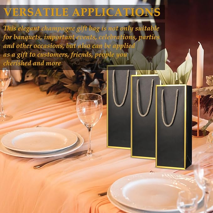 TaoBary 50 Pcs Wine Gift Bags and Gold Wrapping Paper Set Wine Bags for Bottle Bulk 4 x 5 x 13 Inch Champagne Gift Paper Sack with Handles for Christmas Appreciation Wedding Anniversary(Black,50 Pcs)