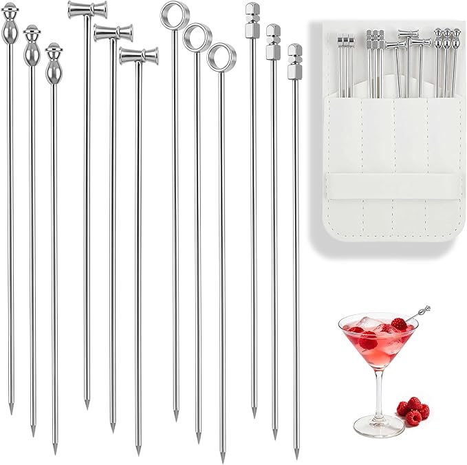 12PCS Metal Cocktail Picks for Drinks, Reusable Stainless Steel Martini Picks with Storage Bag, Dishwasher Safe Fancy Toothpicks for Appetizers & Olives, Bloody Mary Bar Supplies, Cocktail Skewers
