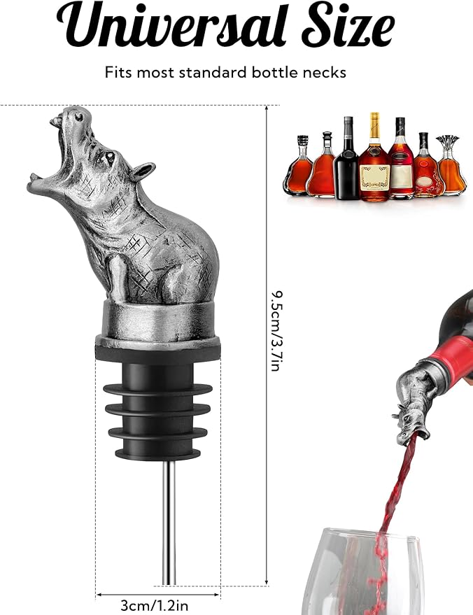 Animal Wine Pourer Spout, Drip Free Bottle Pourer & Stopper for Wine and Liquor Bottles, Funny Gift for Men, Dad, Hostess and Housewarming, Bar Cart Accessory for Holiday Party Decor, Multiple Animal