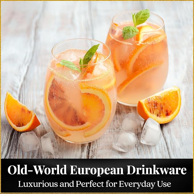 Improved Design of Our 2017 New York Times Best Stemless Glass – Set of 4 European-Made Stemless Wine Glasses, Reinforced Base for Added Stability & Premium Feel, Dishwasher-Safe, Lead-Free, 17 oz.