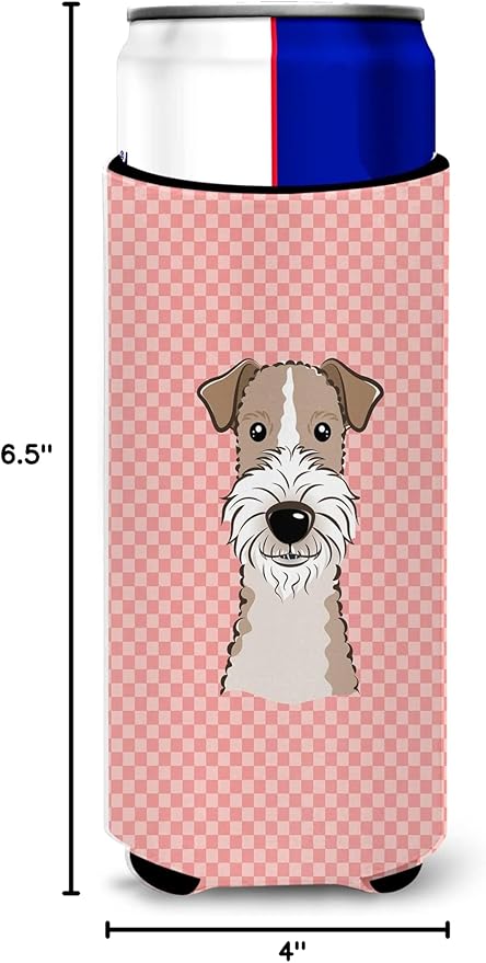 Checkerboard Pink Wire Haired Fox Terrier Ultra Beverage Insulators for slim cans