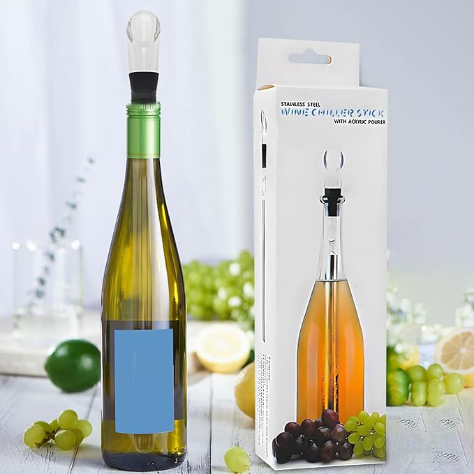 Chiller Bar - Red Chiller Rod, Stainless Steel Iceless Bottle Cooler with Stopper and Pourer | Perfect Wine Chiller Accessory at Home, Bar, Fes