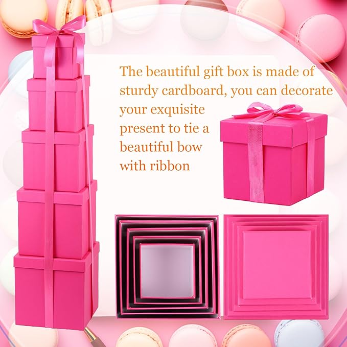 Cholemy 5 Pcs Square Nesting Boxes Decorative Gift Boxes with Lid and Ribbon Assorted Sizes Wrap for Wedding, Carnival, Anniversary, Birthday, Bridal Shower Party Gifts(Hot Pink)