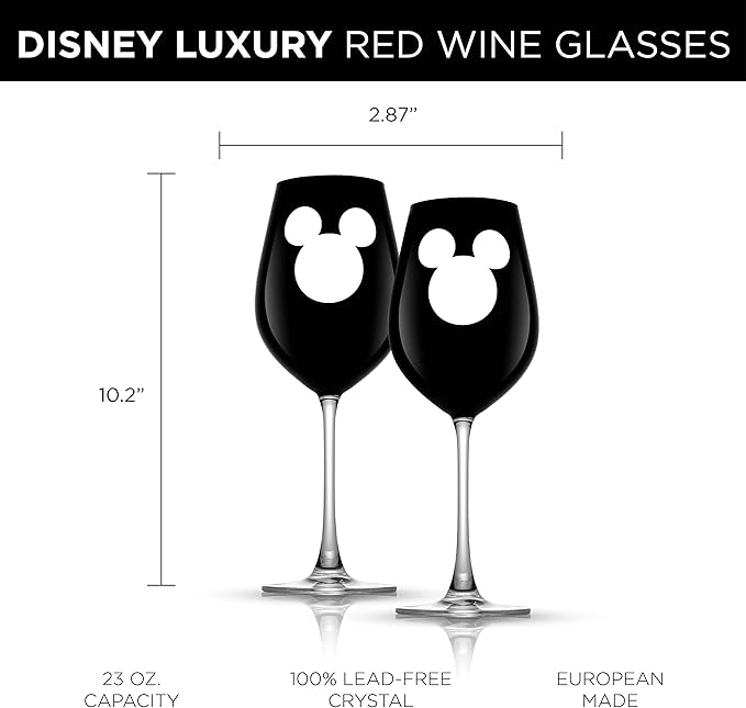 JoyJolt Disney Mickey Mouse Stemmed Red Wine Glasses Set of 2 European Crystal Drinking Glasses. Luxury 23oz Black Wine Glasses, Perfect for Xmas and Special Occasions