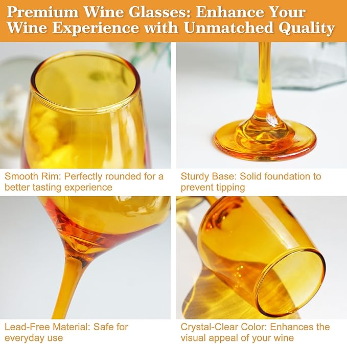 Amber Wine Glasses Set of 6, 14oz Stemmed Glasses, Thick & Colored, Dishwasher Safe Stemware for Red or White, Gift for Party, Holiday, Anniversary, Restaurant, Home Bar, Daily Use