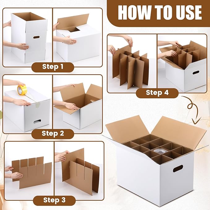 MotiMind 2 Sets Wine Glass Moving Boxes with Divider Kits Kitchen Moving Boxes 15 x 12 x 10 Inches Glassware Packing Box with 18 Foam Pouches for Glasses Packing Supplies