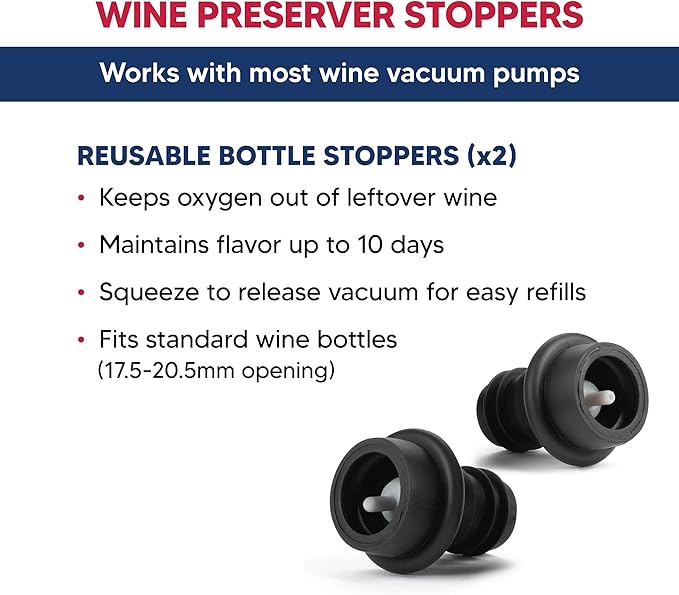 HIC Kitchen Bar Wine Preserver Stoppers, 2-Piece Reusable Bottle Stopper Set, For Vacuum Pumps Sold Separately, Maintains Flavor And Freshness