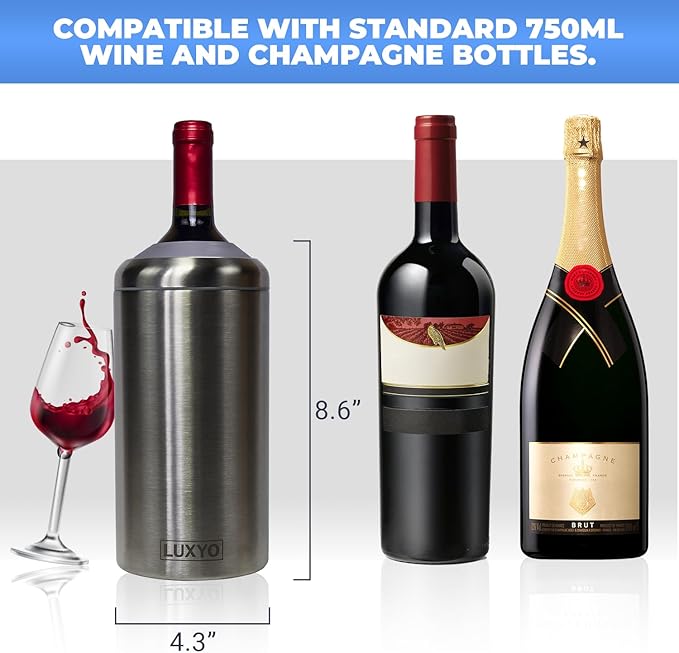 LUXYO Wine Bottle Chiller – Portable Insulated Champagne Cooler for 750ml Bottles, Stainless Steel Double Wall Bucket for Hosting, Gifts & Outdoor Use