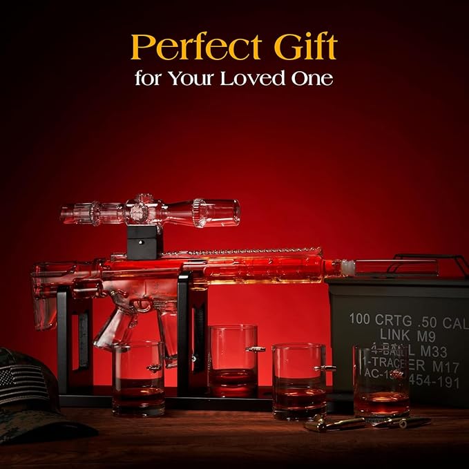 AR15 Whiskey Decanter Set – Limited Edition with Silencer Stopper 640ml Rifle Decanter & 4 Bullet Glasses (310ml) Handmade Gun Liquor Set, TikTok Bar Trend Unique Father’s Day Gift for Dad, Him, Men