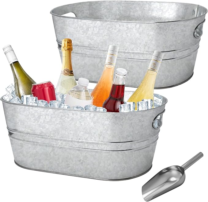 2 Pack 4 Gallon Galvanized Tub Ice Buckets for Parties Portable Beverage Tub Champagne Bucket Metal Ice Buckets for Cocktail Bar with Ice Scoop