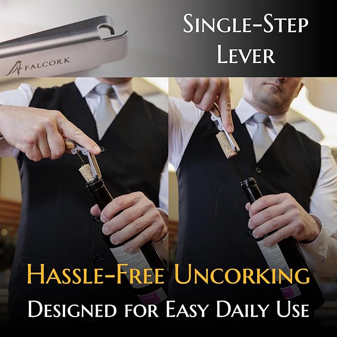 Corkscrew for Professionals FALCORK® 144 – Agility – One-Step Lever, Marked Helix and Generous Handle in Smooth Olive Natural Wood for Safe, Intensive Uncorking in Hospitality – Plastic-Free