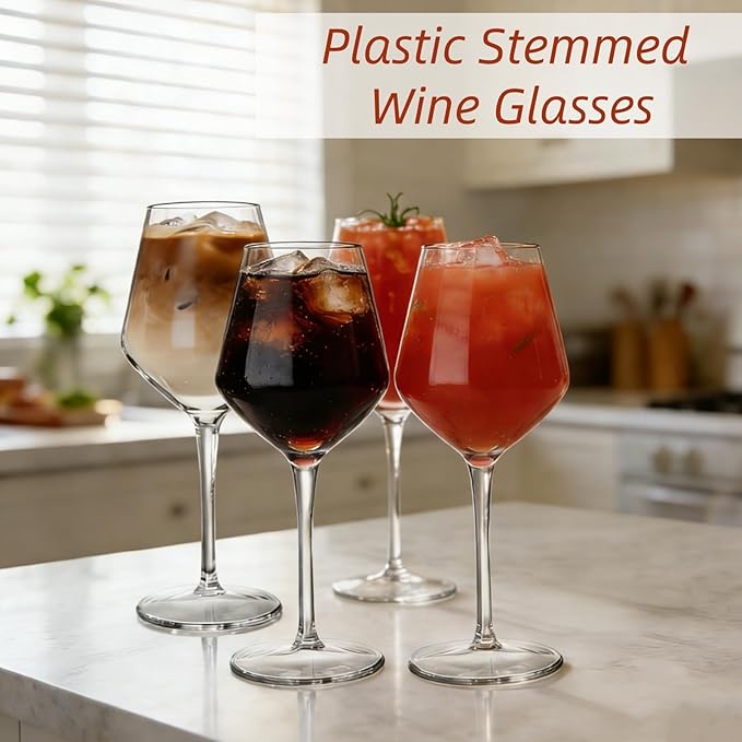 Dicunoy Set of 4 Unbreakable Stemmed Wine Glasses, 16 oz Outdoor Plastic Wine Glasses, Plastic Goblets Glassware, Reusable, BPA-Free, Classic Cups for Patio, Poolside, Camping