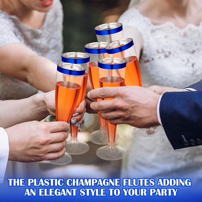 Jingmore 60 Pcs Plastic Champagne Flutes 4.5 oz Clear Disposable Wine Glasses Cocktail Cup Champagne Glass for Wedding Graduation Summer Party Favor Mimosa Bar Supplies (Blue)