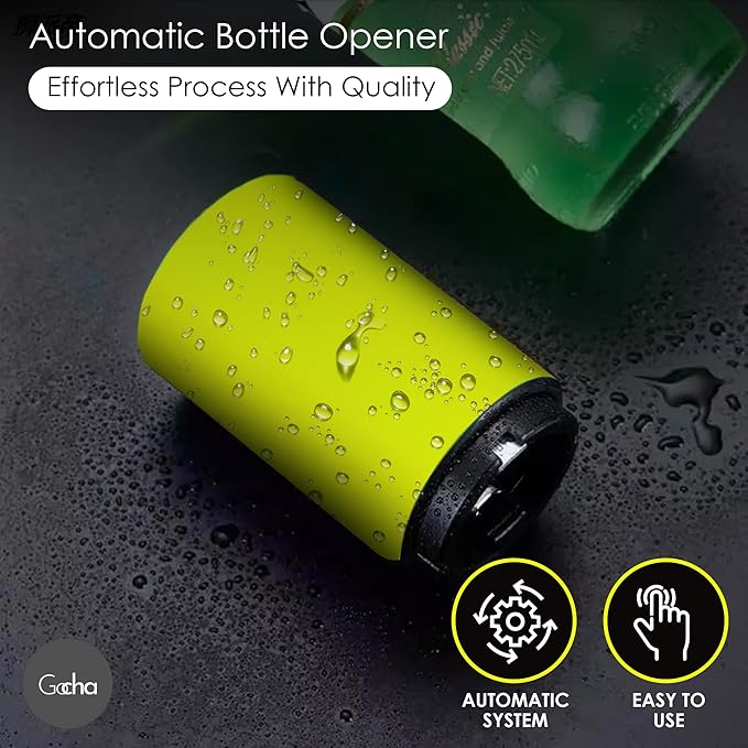 GOCHA | Magnetic Beer Bottle Opener with Automatic Cap Catcher – Stainless Steel Push-Down Gadget, One-Hand Bar Tool for Beer & Soda Bottles (Yellow)