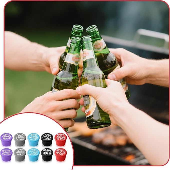 10Pcs Wine Stoppers Gift Set Funny More Wine Less Whine Pattern Silicone Bottle Covers Reusable Beverage Corks Strong Sealing Liquor Accessories for Outdoor Picnics Weddings Barbecues Party