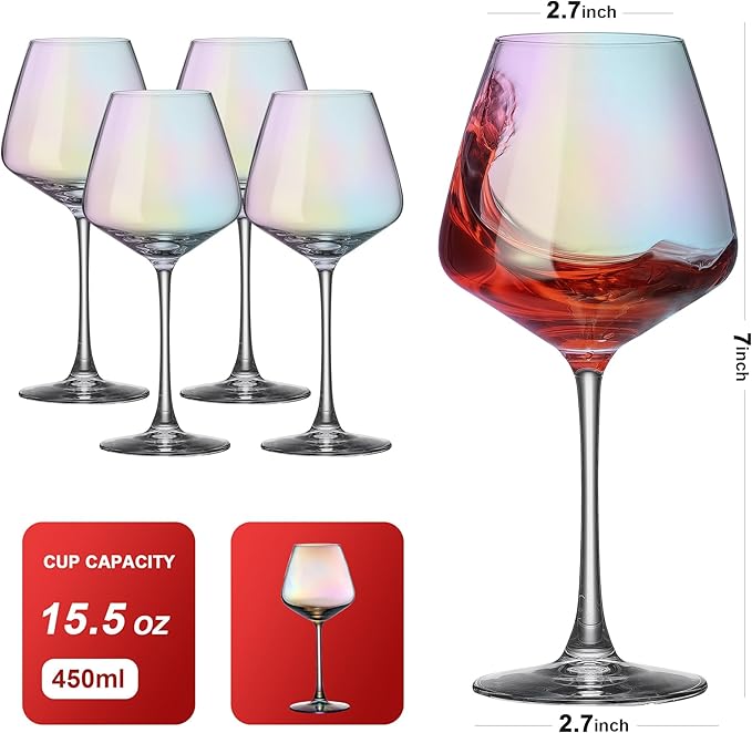 PTSTING Wine Glasses 15.5oz Iridescent Wine Glasses Set of 4 Burgundy Wine Glasses for Wine Tasting, Wedding Gift, Anniversary, Christmas, Birthday