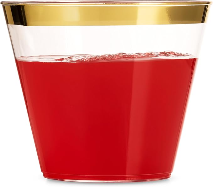 Munfix 100 9 Oz Clear Plastic Cups, Old Fashioned Tumblers, Fancy Disposable Wedding Cups, Elegant Party Cups with Gold Rim