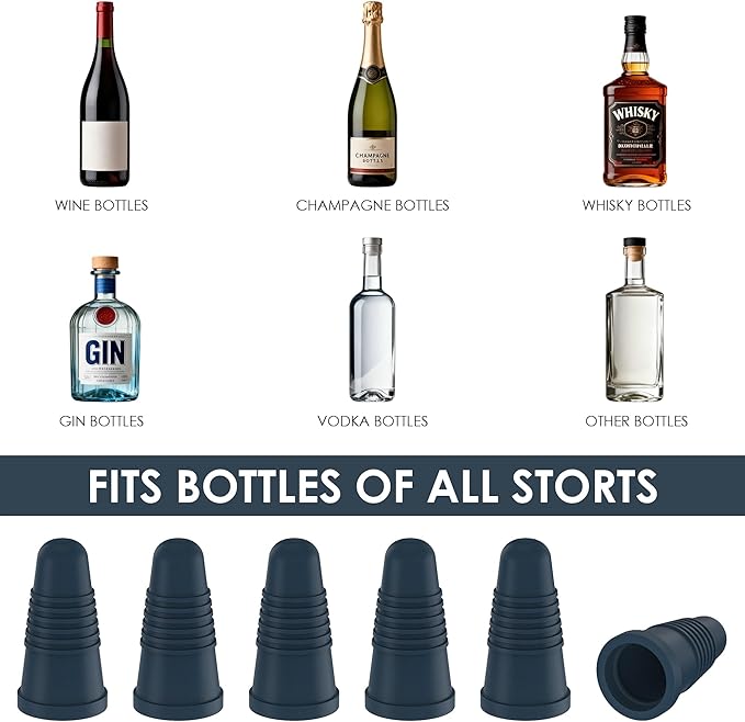 Silicone Wine Bottle Stoppers, Gray Blue, 6 Pack – Reusable Airtight Tapered Plugs for Standard Wine Bottles, Leakproof, BPA-Free, Dishwasher Safe