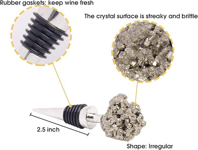 AMOYSTONE Natural Pyrite Wine Bottle Stopper with Airtight Alloy Seal for Kitchen Bar Decor - Irregular Crystal Stone Shelf Ornament, Unique Gift for Wine Lovers (4 Inch)
