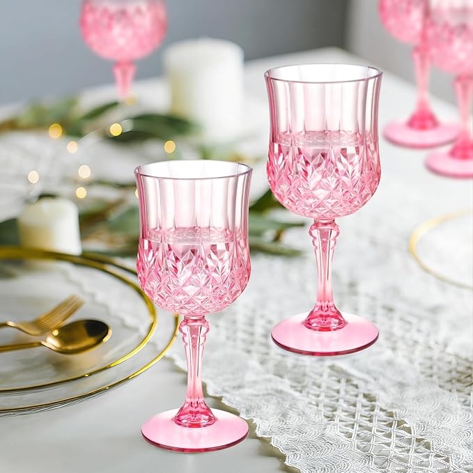 7OZ Plastic Wine Glasses, Disposable Goblets Drinking Glasses Crystal Vintage Water Cups Unbreakable Champagne for Wedding, Parties, Valentine's Day (Pink)