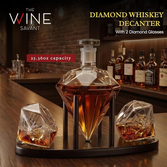 The Wine Savant Diamond Whiskey Decanter l With 2 Diamond Glasses Liquor, Scotch, Rum, Bourbon, Vodka, Tequila Decanter (750 ML DECANTER)
