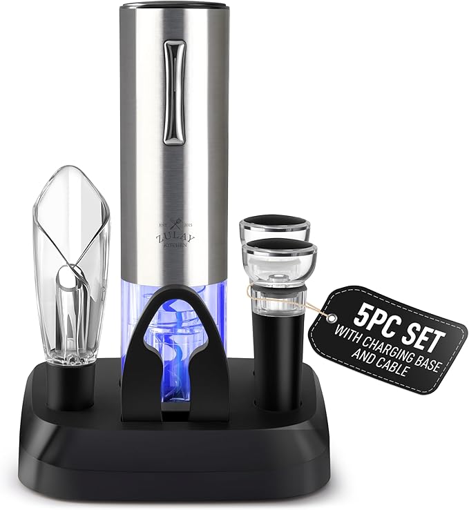 Zulay Kitchen Rechargeable Electric Wine Opener Set with Charging Base - Automatic Corkscrew Wine Bottle Opener, Aerator Pourer, Foil Cutter & 2 Vacuum Stoppers - Stainless Steel Wine Gift Set, Silver