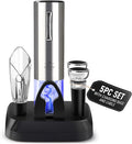 Zulay Kitchen Rechargeable Electric Wine Opener Set with Charging Base - Automatic Corkscrew Wine Bottle Opener, Aerator Pourer, Foil Cutter & 2 Vacuum Stoppers - Stainless Steel Wine Gift Set, Silver