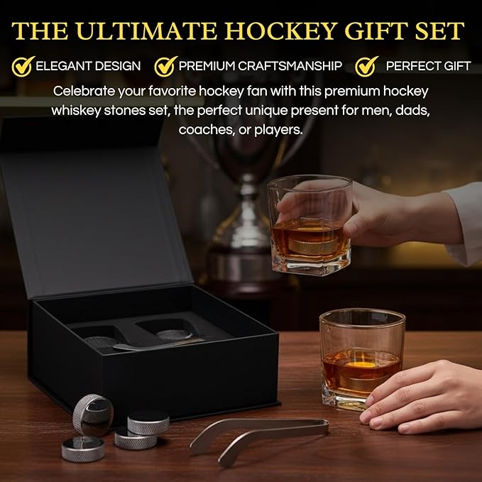 Hockey Puck Whiskey Stones Gift Set with 2 Glasses & Stick Tongs - 7pc Stainless Steel Chilling Rocks, Chill Non-Diluting Freezer Kit, Cool Hockey Gifts for Men, Him, Dad, N H L Gift Boyfriend & Fans