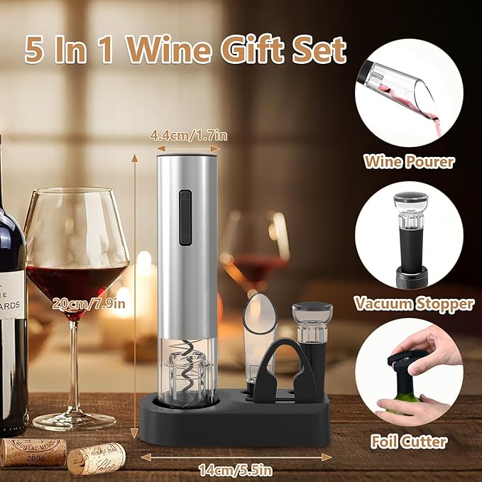 5-in-1 Electric Wine Opener - Auto Wine Bottle Opener with Storage Base,Foil Cutter,Aerating Pourer & Vacuum Stoppers | USB-C Rechargeable | 40+ Opens Per Charge | Gift for Housewarmings