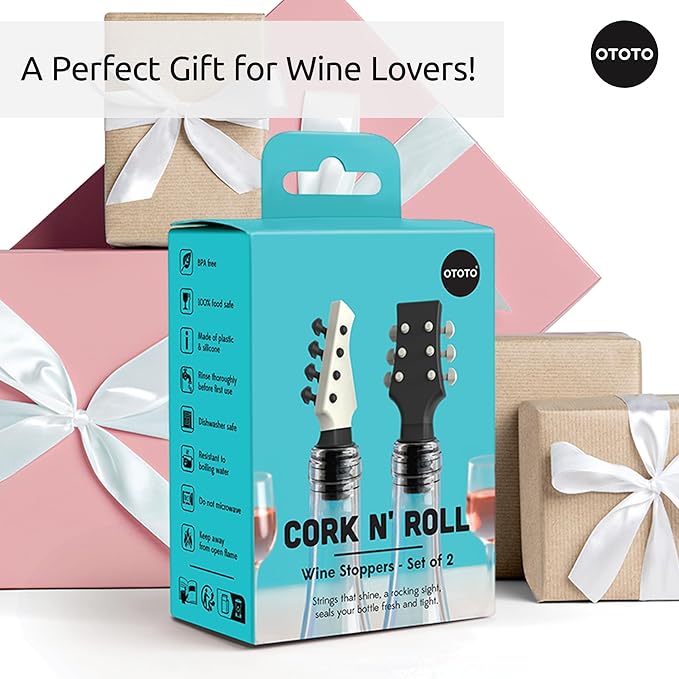 OTOTO Wine Stoppers Set of 2 – Bass & Guitar Wine Bottle Stopper, Fun Wine Corks, Wine Accessories, Champagne Stopper, Unique Kitchen Gadgets, Quirky Gift (Cork N' Roll)