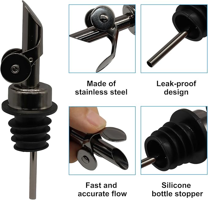 4 Pack Auto Flip Dispenser Spout, Liquor Pour Spout Oil Dispenser Top, Stainless Steel Leak-Proof Bottle Spout for Wine Vinegar Oils (Black)