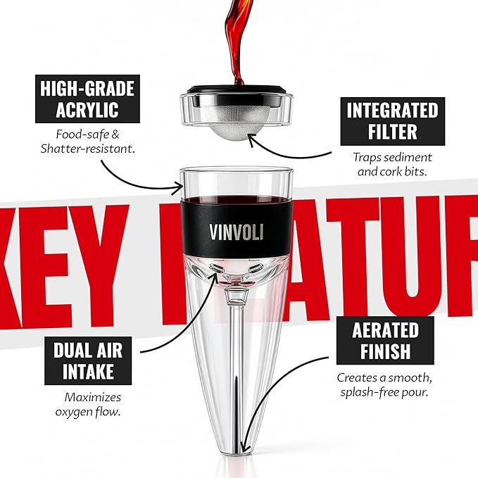 Vinvoli Wine Aerator - Deluxe 2026 Aerator Decanter with Unique Superior Three-Stage Aeration, Sediment Filter, No-Drip Stand - Quality and Convenience for Lovers and Sommeliers