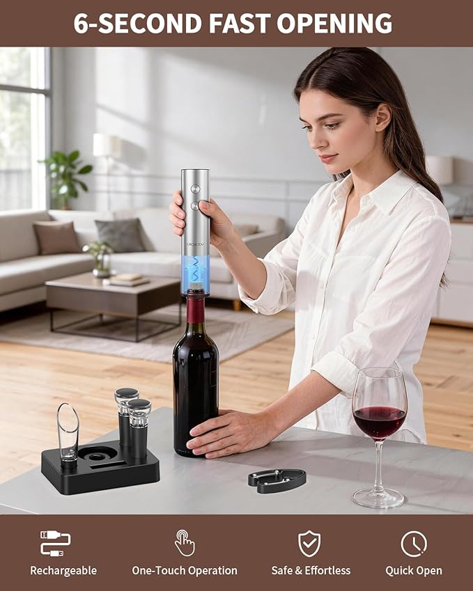 CIRCLE JOY Electric Wine Opener Rechargeable, 6-in-1 Stainless Steel Electric Cordless Wine Bottle Opener with Pourer & Foil Cutter, 2 Vacuum Preservation Stoppers and Base, Gift for Home, Party, Bar