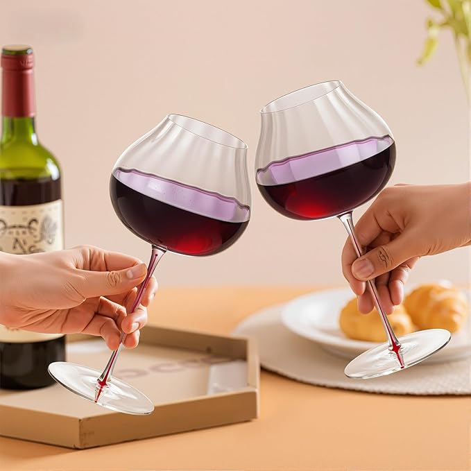 KAMMAK Wine Glasses Set of 2, 24.69 oz Hand Blown Crystal Bordeaux Wine Glasses, Thin Rim & Long Stem, Perfect for Red & White, Daily Use, Wedding or Birthday Gift with Gift Box, Onion Top Red