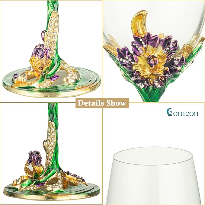 Comeon Wine Glasses Crystal Red Wine Glasses Elegant Champagne Glasses Enamels Floral Decorative Goblets(Green /2 set(gift box))