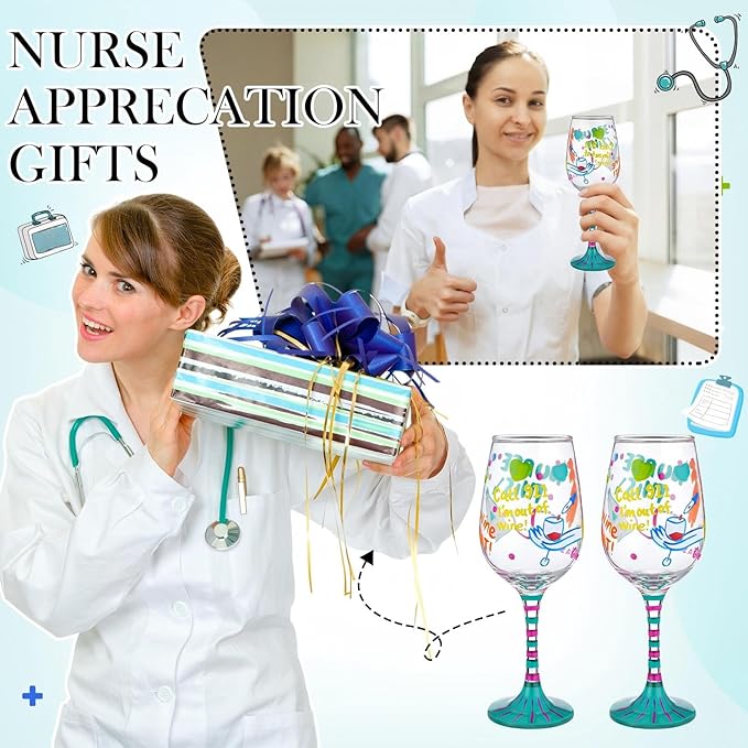 SiliFine 2 Pcs Nurse Stemmed Wine Glasses Hand Painted Drinking Cup Wine Glasses Gifts for Women Nurses' Day Appreciation Week Birthday Theme Holiday Party Supplies