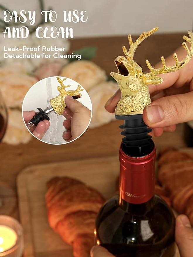 Gold Deer Head Wine Pourer, Liquor Bottle Pour Spout with Leak-Proof Rubber Stopper, Universal Fit for Wine Whiskey Champagne Olive Oil – Drip-Free Bar Pourer Gift for Men, Weddings & Holidays