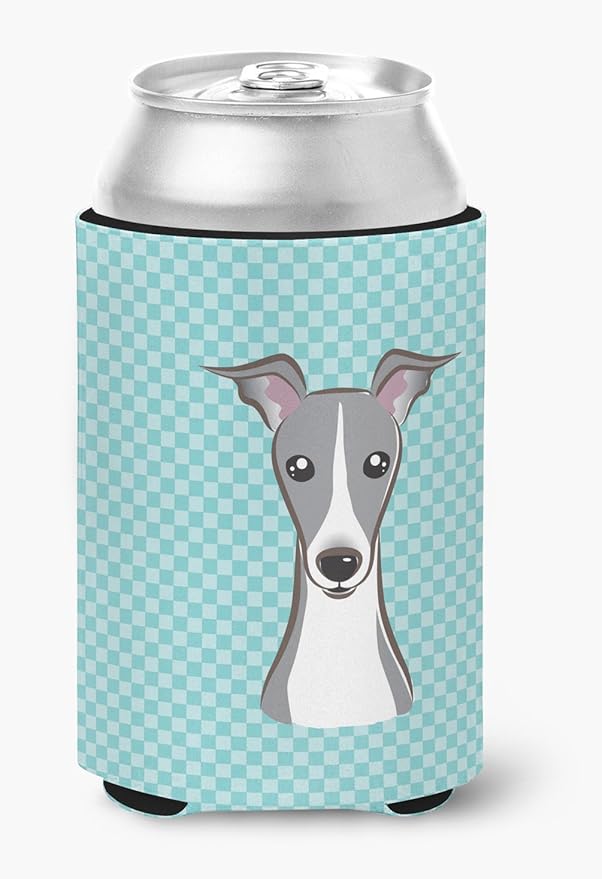 Caroline's Treasures BB1174CC Checkerboard Blue Italian Greyhound Can or Bottle Hugger Cooler Washable Drink Sleeve Collapsible Beverage Insulated Holder, Can Hugger, Multicolor