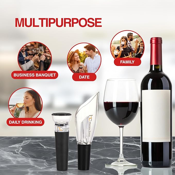 Wine Aerator Pourer + Vacuum Pump Stopper, 2-Piece Wine Saver Set, Drip-Free Pour Spout for Smoother Taste, Preserves Open Bottles, Gift-Ready Wine Accessories