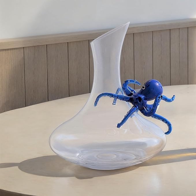 Creative Co-Op 40-Ounce Glass Decanter with Hand-Blown Octopus, Blue & White