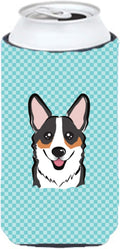 Caroline's Treasures BB1193TBC Checkerboard Blue Corgi Tall Boy Hugger Can Cooler Sleeve Hugger Machine Washable Drink Sleeve Hugger Collapsible Insulator Beverage Insulated Holder