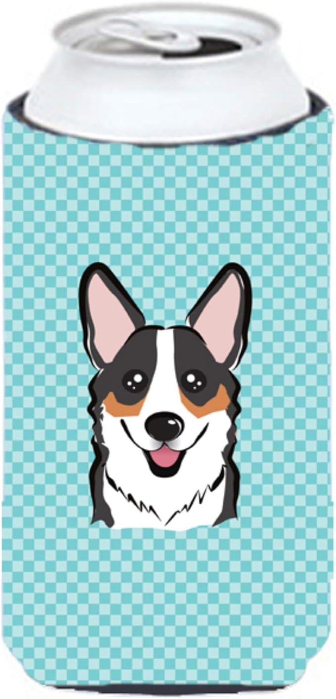 Caroline's Treasures BB1193TBC Checkerboard Blue Corgi Tall Boy Hugger Can Cooler Sleeve Hugger Machine Washable Drink Sleeve Hugger Collapsible Insulator Beverage Insulated Holder