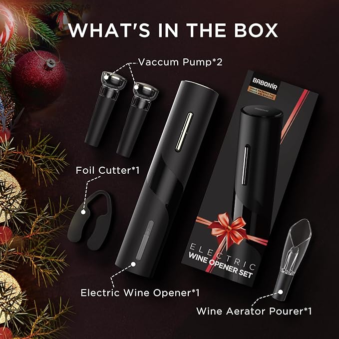 Electric Wine Opener Set - BABONIR Automatic Electronic Bottle Openers with Greeting Card, Vacuum Stoppers, Wine Aerator, and Foil Cutter, Ideal Present for Wine Lovers, Party, and Home Entertaining